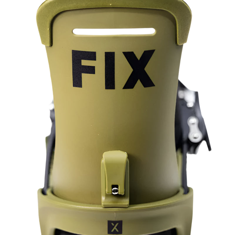 Fix Truce Snowboard Binding 2024 - A green snowboard binding with a black strap and silver screws.