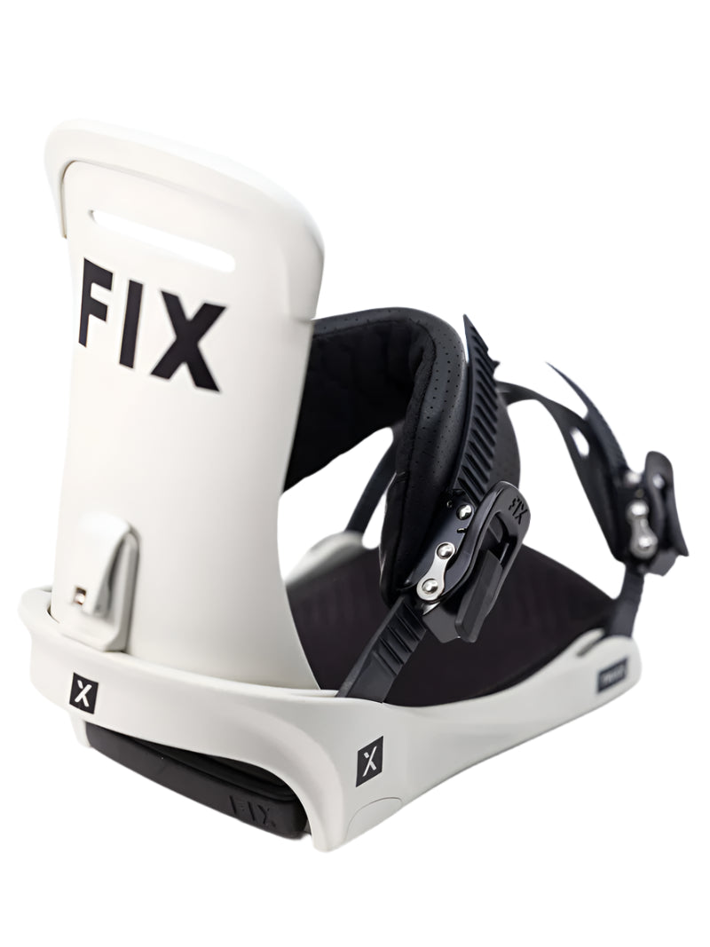 Fix Truce Snowboard Binding 2024 - A white snowboard binding with black straps and buckles, featuring a sleek design with subtle branding on the strap.
