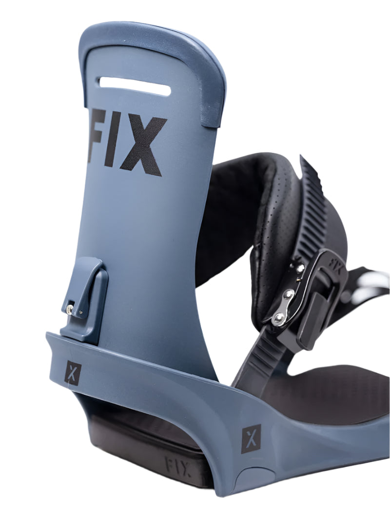 Fix Truce Snowboard Binding 2024 - A gray snowboard binding with a black strap and buckle.