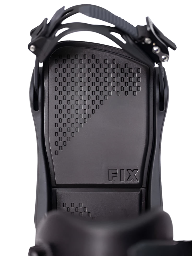 Fix Yale Snowboard Binding 2024 - Black snowboard binding with a rectangular base plate and silver screws.