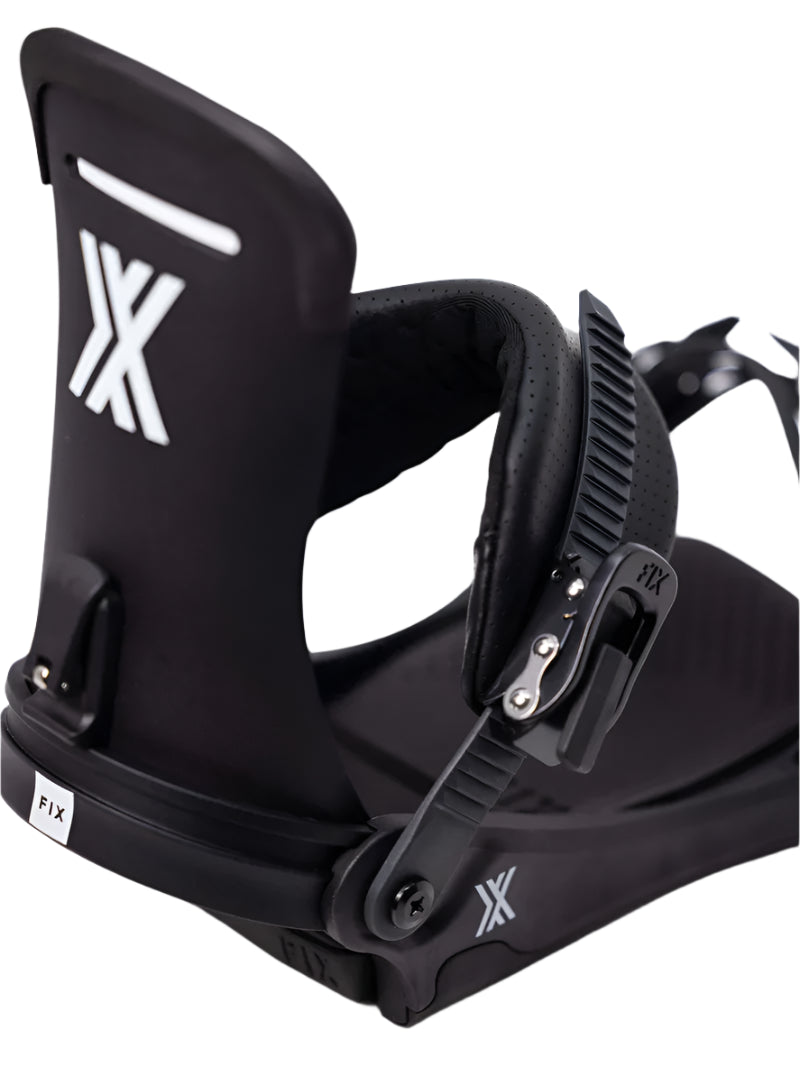 Fix Yale Snowboard Binding 2024 - Black snowboard bindings with white logo on top of left binding and silver screws.