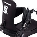 Fix Yale Snowboard Binding 2024 - Black snowboard bindings with white logo on top of left binding and silver screws.