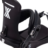 Fix Yale Snowboard Binding 2024 - Black snowboard bindings with white logo on top of left binding and silver screws.