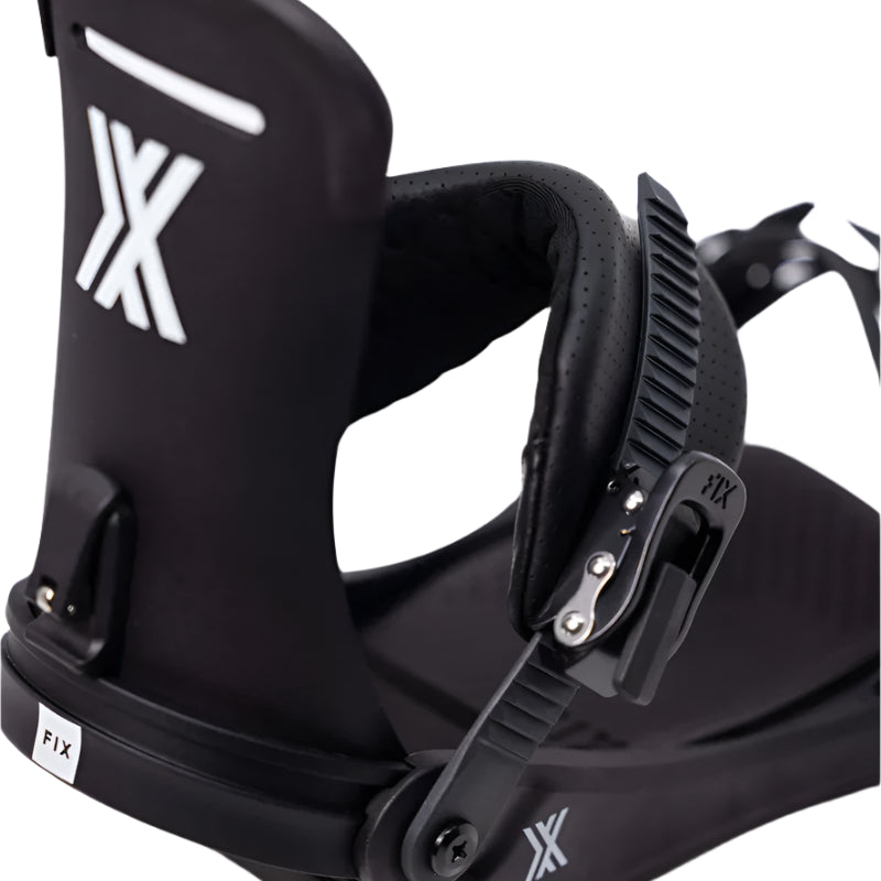 Fix Yale Snowboard Binding 2024 - Black snowboard bindings with white logo on top of left binding and silver screws.