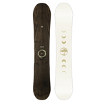 Arbor Women's Mantra Snowboard 2026 - A dark brown snowboard with a circular logo featuring a tree in the center, positioned vertically on the top of the board.