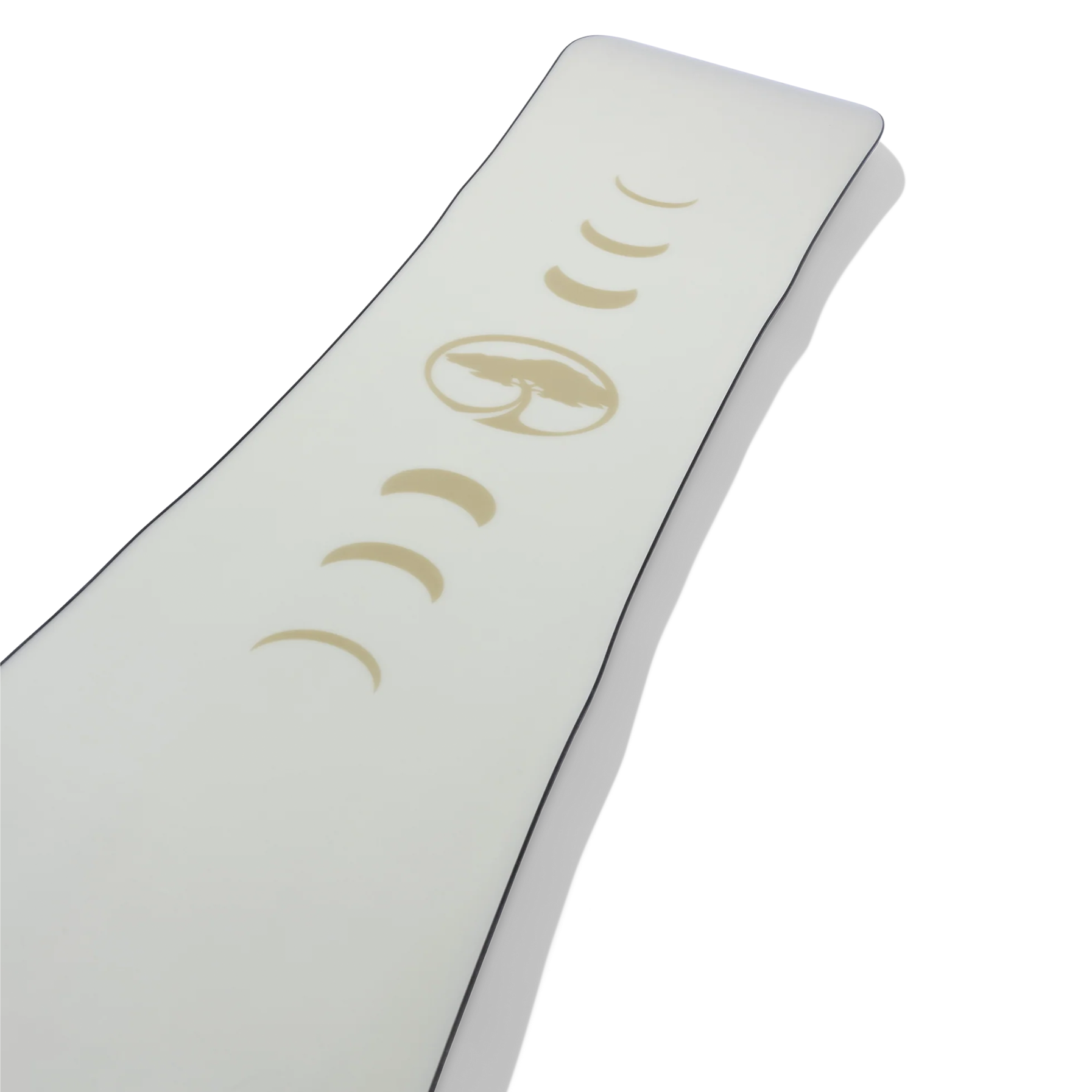 Arbor Women's Mantra Snowboard 2026 - A white snowboard with a black logo on top and a black stripe along the bottom edge.