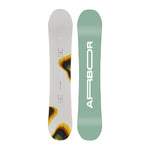 Arbor Women's Mantra Camber Snowboard 2025 - A white snowboard with a yellow, brown and black abstract design on its bottom.