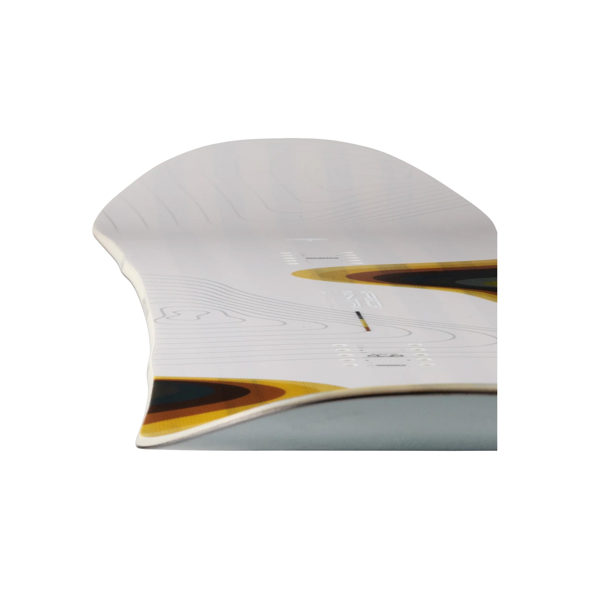 Arbor Women's Mantra Camber Snowboard 2025 - A white snowboard with a brown and yellow graphic design on the top sheet, featuring a wavy pattern.