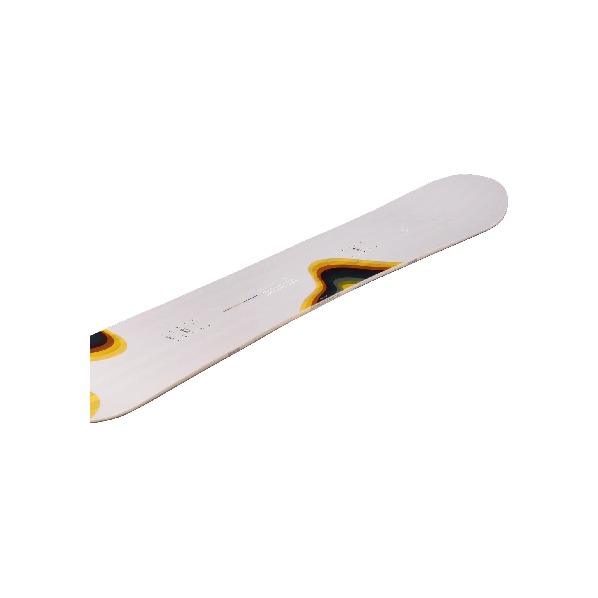 Arbor Women's Mantra Camber Snowboard 2025 - A white snowboard with a black and yellow abstract design on the top sheet.