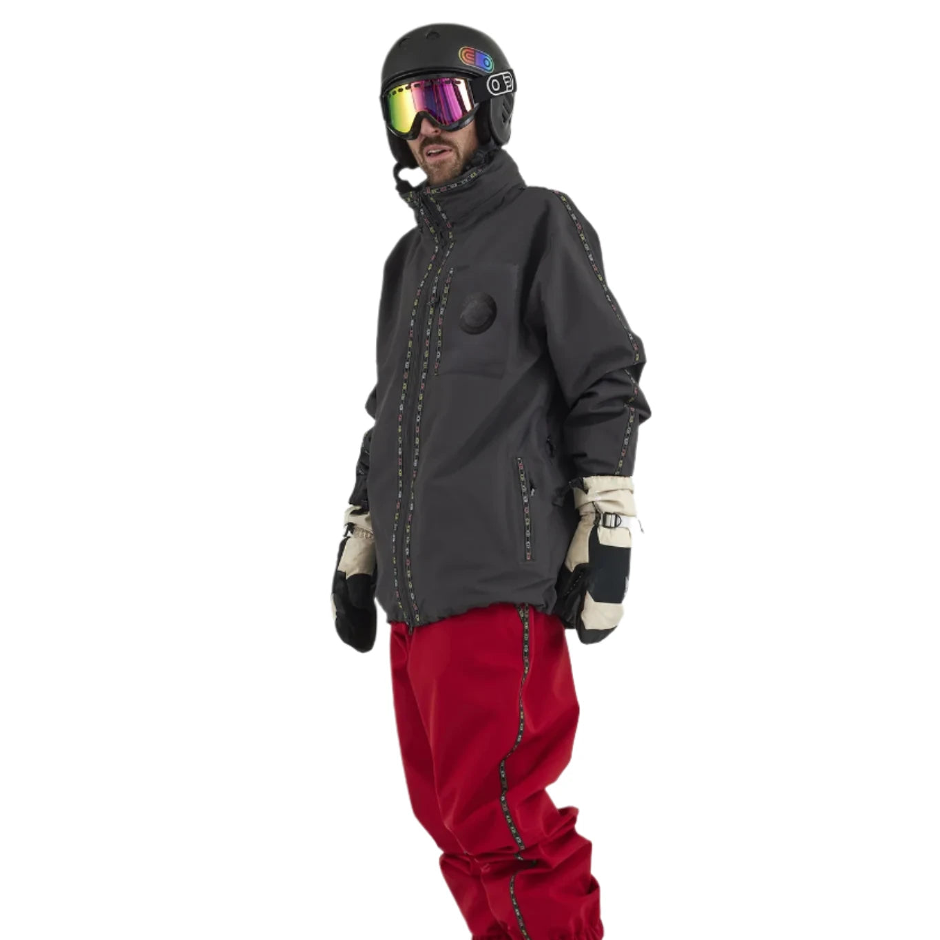 Airblaster Max Shell Jacket 2025 - A black jacket with a high collar and zippered pockets, featuring a rainbow logo on the left chest.