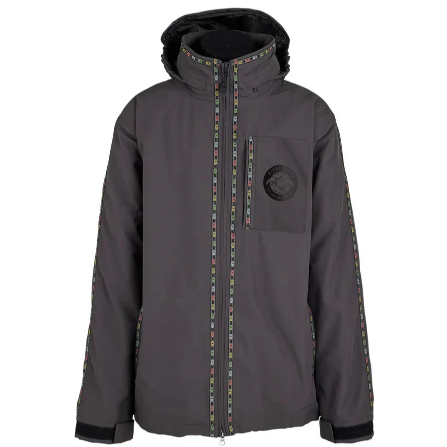 Airblaster Max Shell Jacket 2025 - A dark gray jacket with a black logo on the left chest and a zippered pocket on the right side.