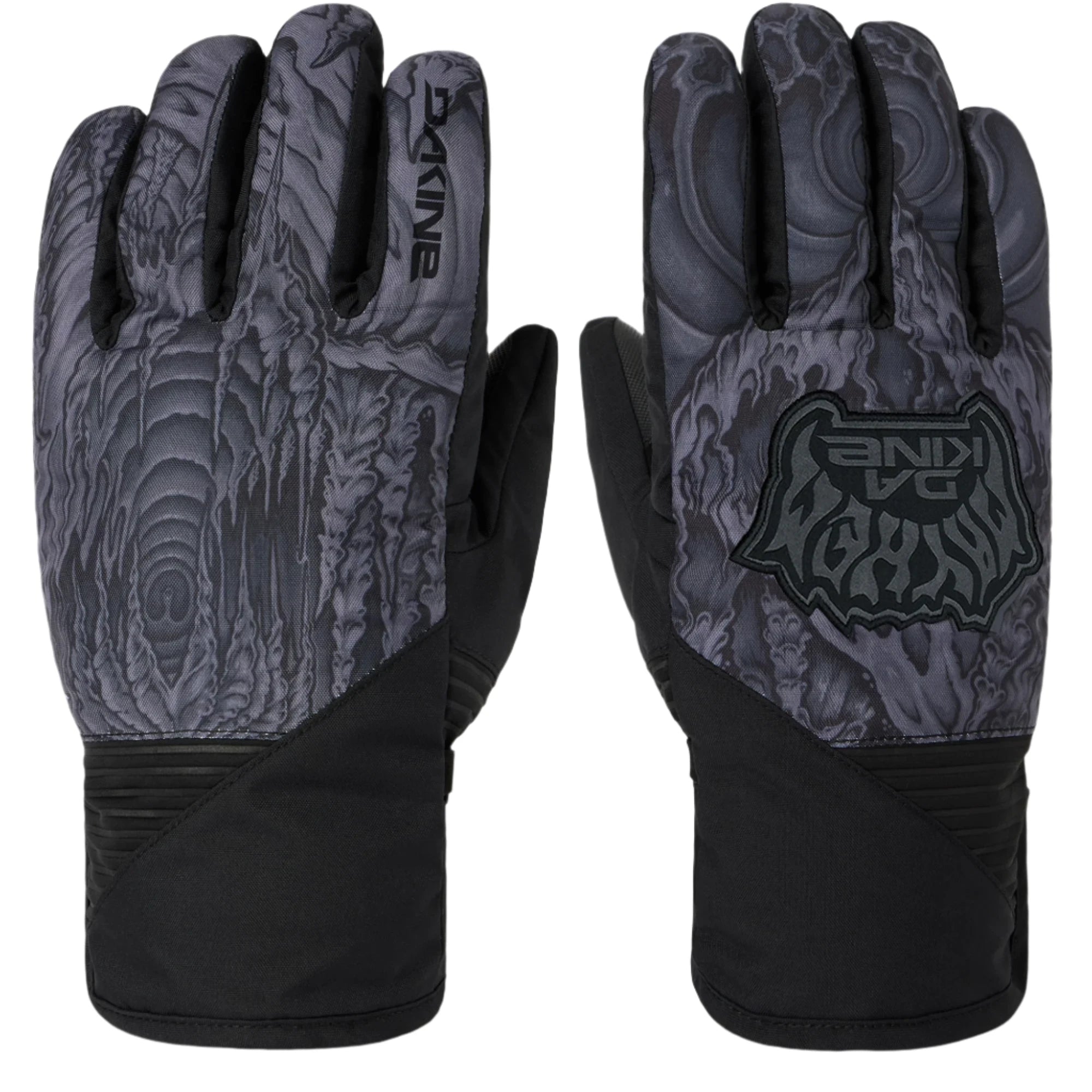Dakine Mayhem Crossfire Glove 2025 - A pair of black gloves with a textured pattern on the palm and fingers, featuring a logo on the back of one glove.