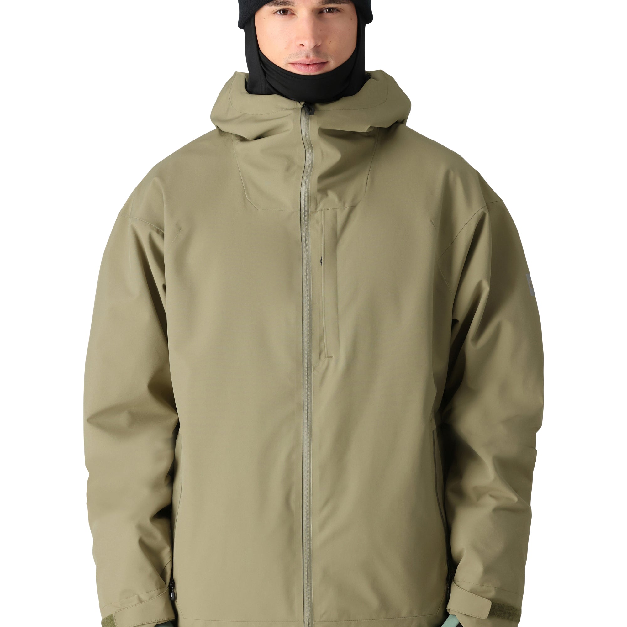 The 686 Gateway Shell Jacket 2025 is olive green with a hood and a front zip closure.