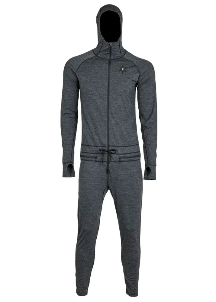 Airblaster Merino Ninja Suit 2025 - A heathered grey merino wool suit with a zippered front and hood.