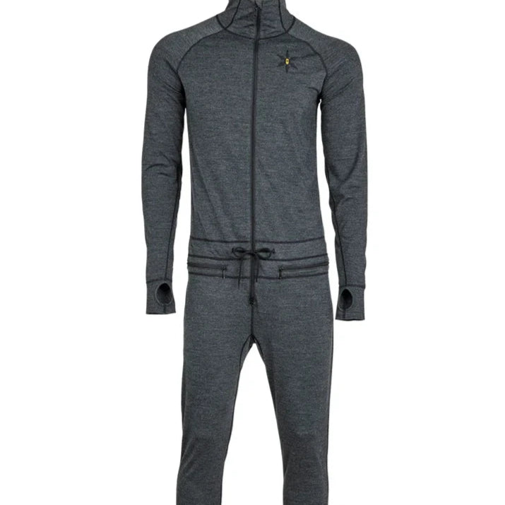 Airblaster Merino Ninja Suit 2025 - A heathered grey merino wool suit with a zippered front and hood.