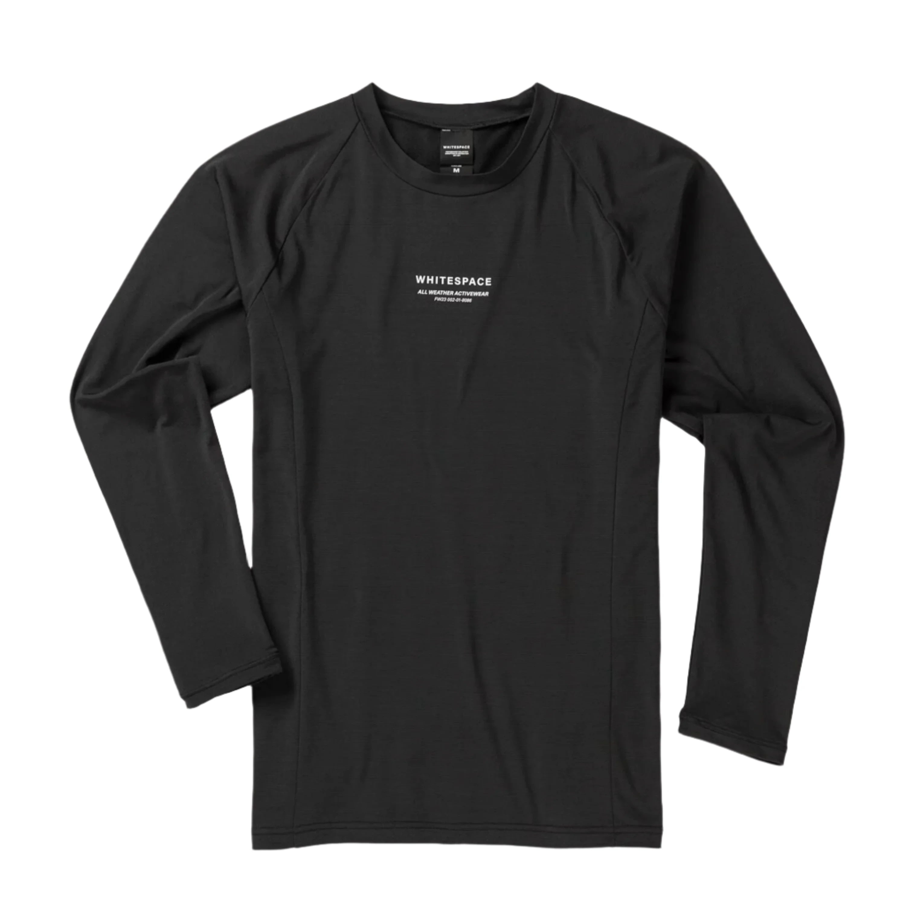 Whitespace Graphene Midweight Base Layer Top 2024 - A black long-sleeved shirt with a crew neck and white text on the chest that reads "Whitespace".