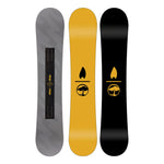 Arbor Metal Machine Camber Snowboard 2025 - A snowboard with a black base and yellow accents, featuring a distinctive metal machine logo on its top side.