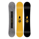 Arbor Metal Machine Camber Snowboard 2025 - A snowboard with a black base and yellow accents, featuring a distinctive metal machine logo on its top side.