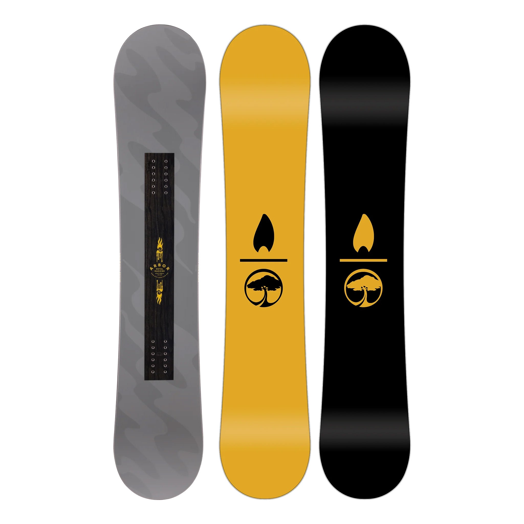 Arbor Metal Machine Camber Snowboard 2025 - A snowboard with a black base and yellow accents, featuring a distinctive metal machine logo on its top side.