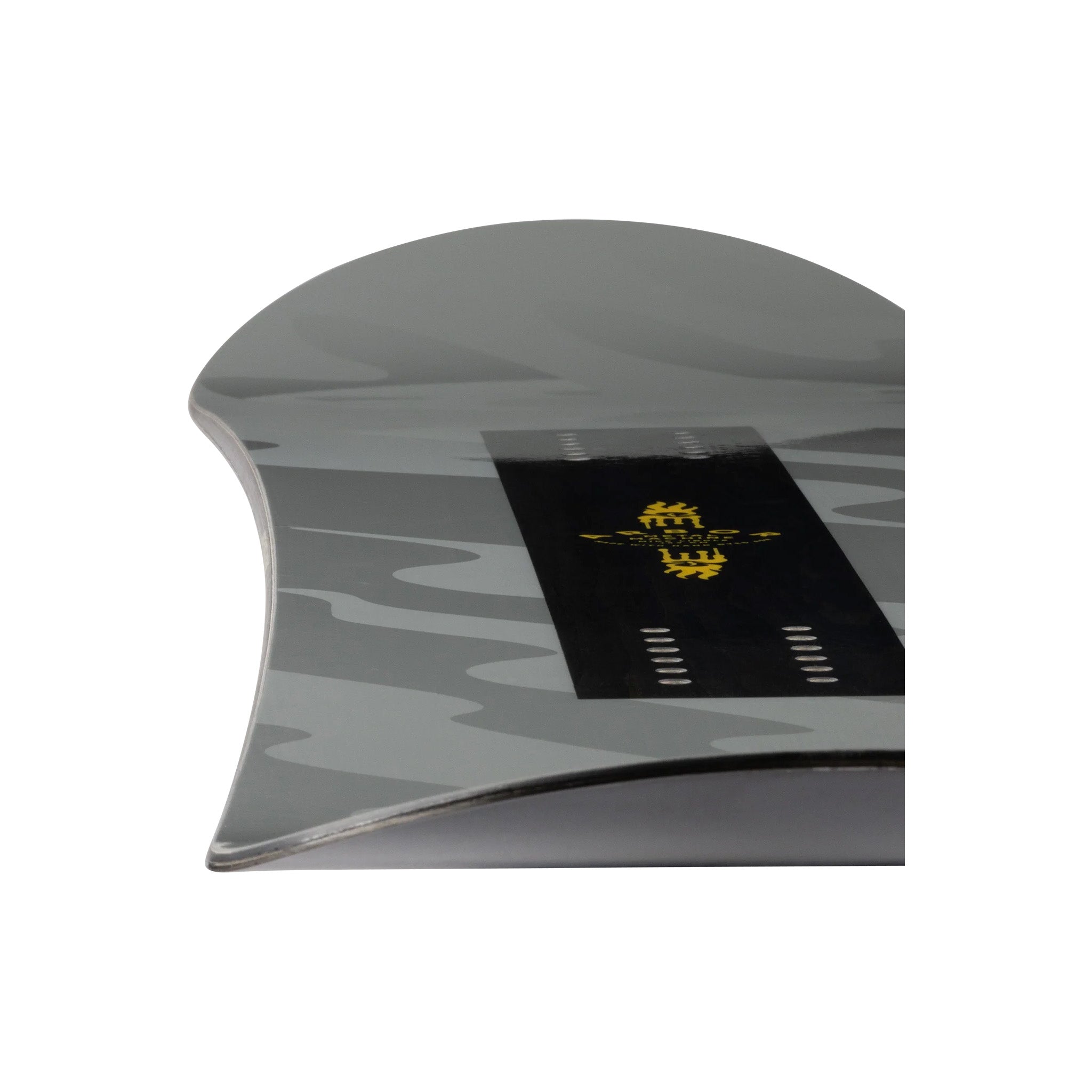 Arbor Metal Machine Camber Snowboard 2025 - A snowboard with a black base and white abstract design on top, featuring a yellow logo in the center.