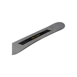 Arbor Metal Machine Camber Snowboard 2025 - A gray snowboard with a black stripe down the middle and a yellow logo in the center of the stripe.