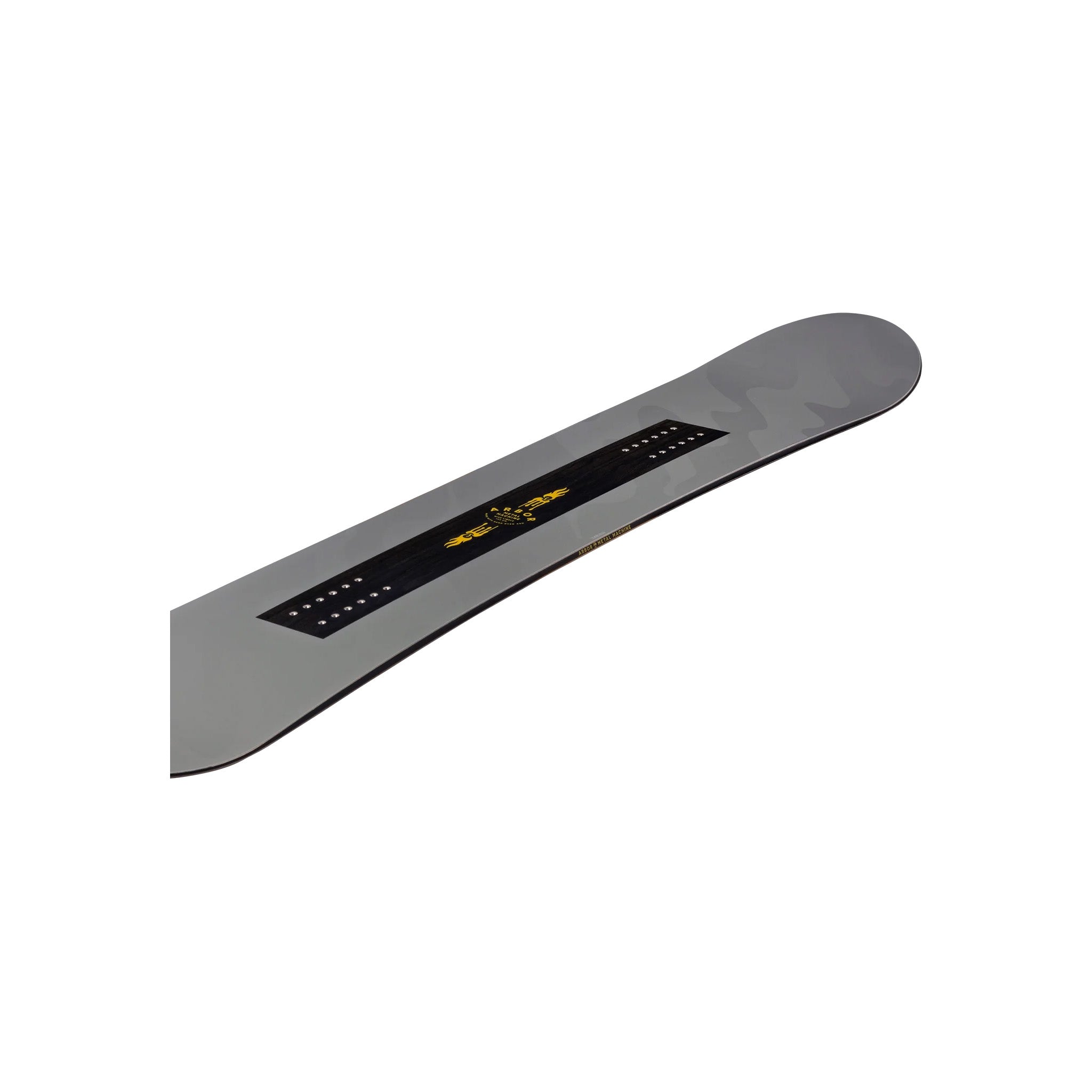 Arbor Metal Machine Camber Snowboard 2025 - A gray snowboard with a black stripe down the middle and a yellow logo in the center of the stripe.