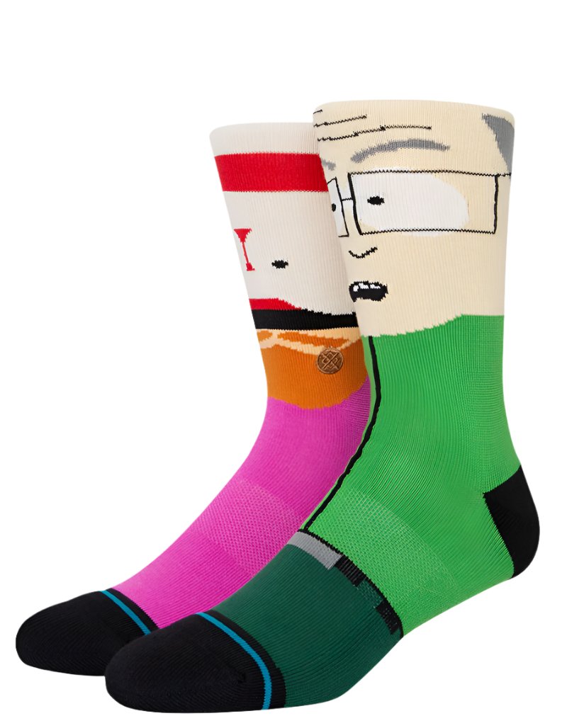 MR GARRISON CREW C SOCK 2023 - A pair of crew socks with a cartoon image of Mr. Garrison from South Park on them, featuring his signature red hair and glasses.