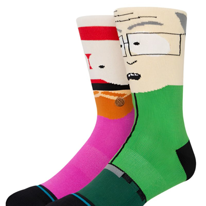 MR GARRISON CREW C SOCK 2023 - A pair of crew socks with a cartoon image of Mr. Garrison from South Park on them, featuring his signature red hair and glasses.