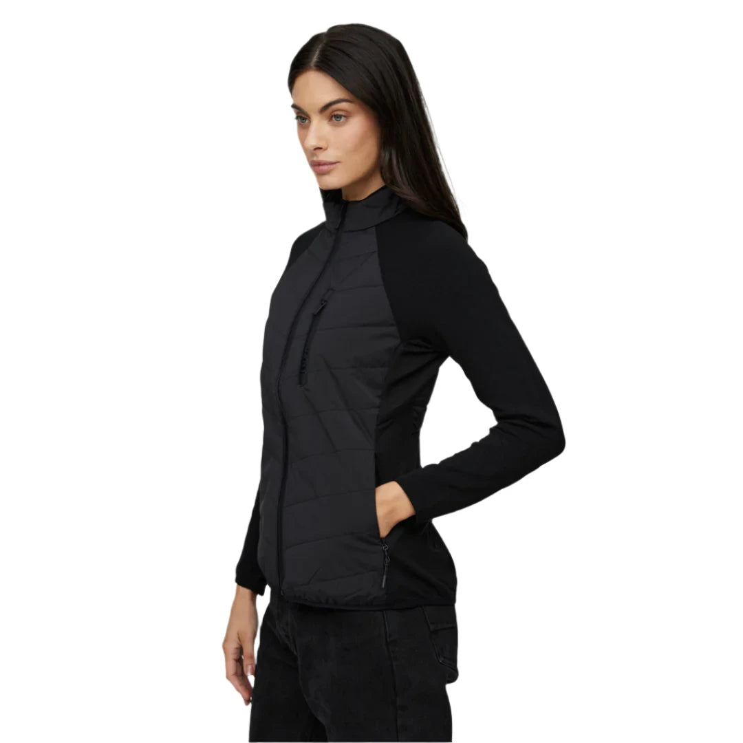 Le Bent Women's Genepi Wool Insulated Hybrid Jacket 2025 - A black jacket with a quilted pattern on the front and back, featuring a high collar and zippered pockets.
