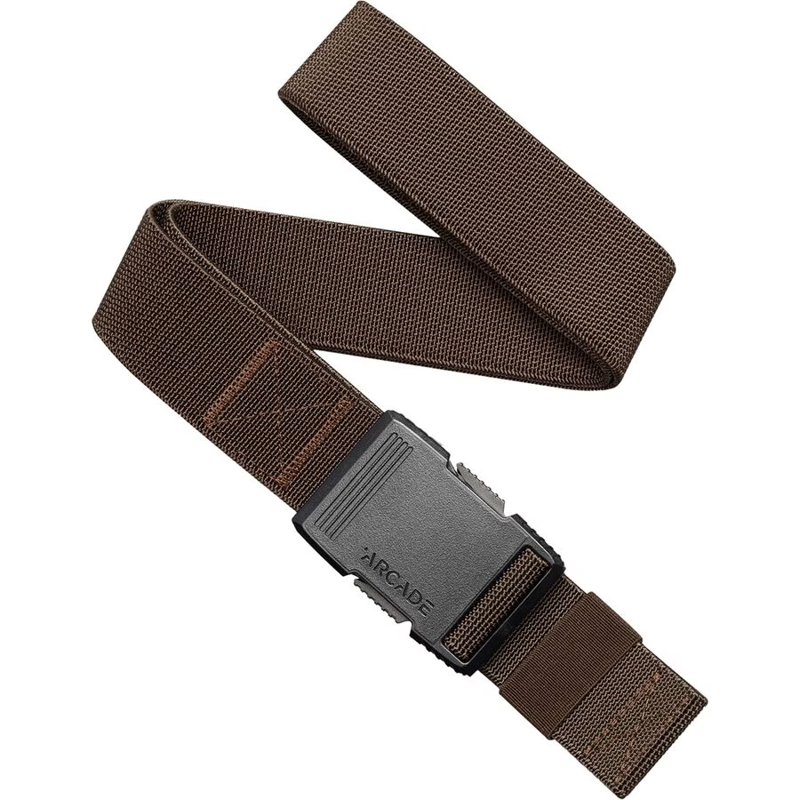 Brown woven hardware belt with gray metal buckle and textured strap end