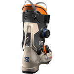 Salomon S/Pro Supra Dual BOA 120 - A black and orange ski boot with a textured pattern on the toe cap, featuring two round blue BOA dials on the side.