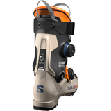 Salomon S/Pro Supra Dual BOA 120 - A black and orange ski boot with a textured pattern on the toe cap, featuring two round blue BOA dials on the side.