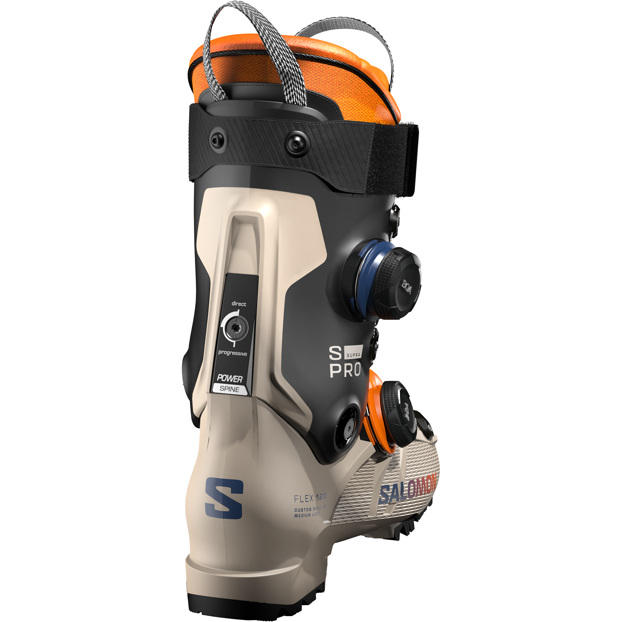 Salomon S/Pro Supra Dual BOA 120 - A black and orange ski boot with a textured pattern on the toe cap, featuring two round blue BOA dials on the side.