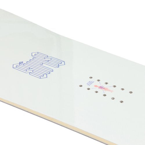 Sims Macrodose Snowboard 2025 - A white snowboard with a blue outline of the word "MACRODOSE" on its top surface.