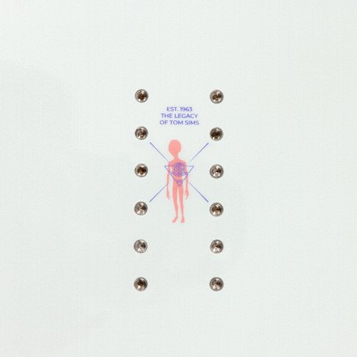 Sims Macrodose Snowboard 2025 - A black snowboard with a white and red logo on top of it, featuring a man riding it down a mountain.