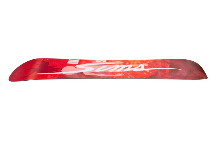 Sims Macrodose Snowboard 2025 - A red snowboard with a white logo and white lettering on top of it.