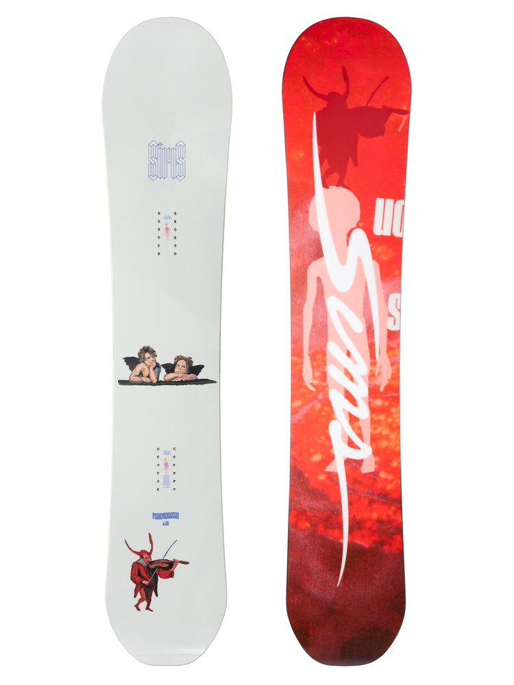 Sims Macrodose Snowboard 2025 - A white snowboard with two cherubs and a black border at the top.