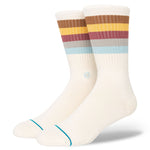 MALIBOO CREW C SOCK MEN'S - Crew socks in a light brown color with thin, dark brown stripes and a small logo on the ankle area.