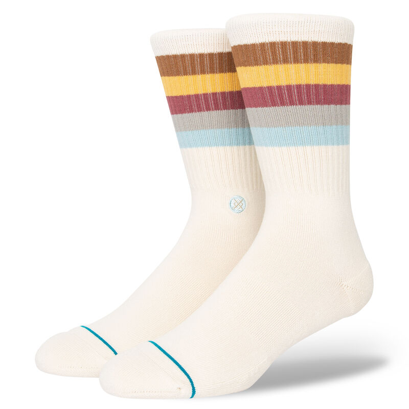 MALIBOO CREW C SOCK MEN'S - Crew socks in a light brown color with thin, dark brown stripes and a small logo on the ankle area.