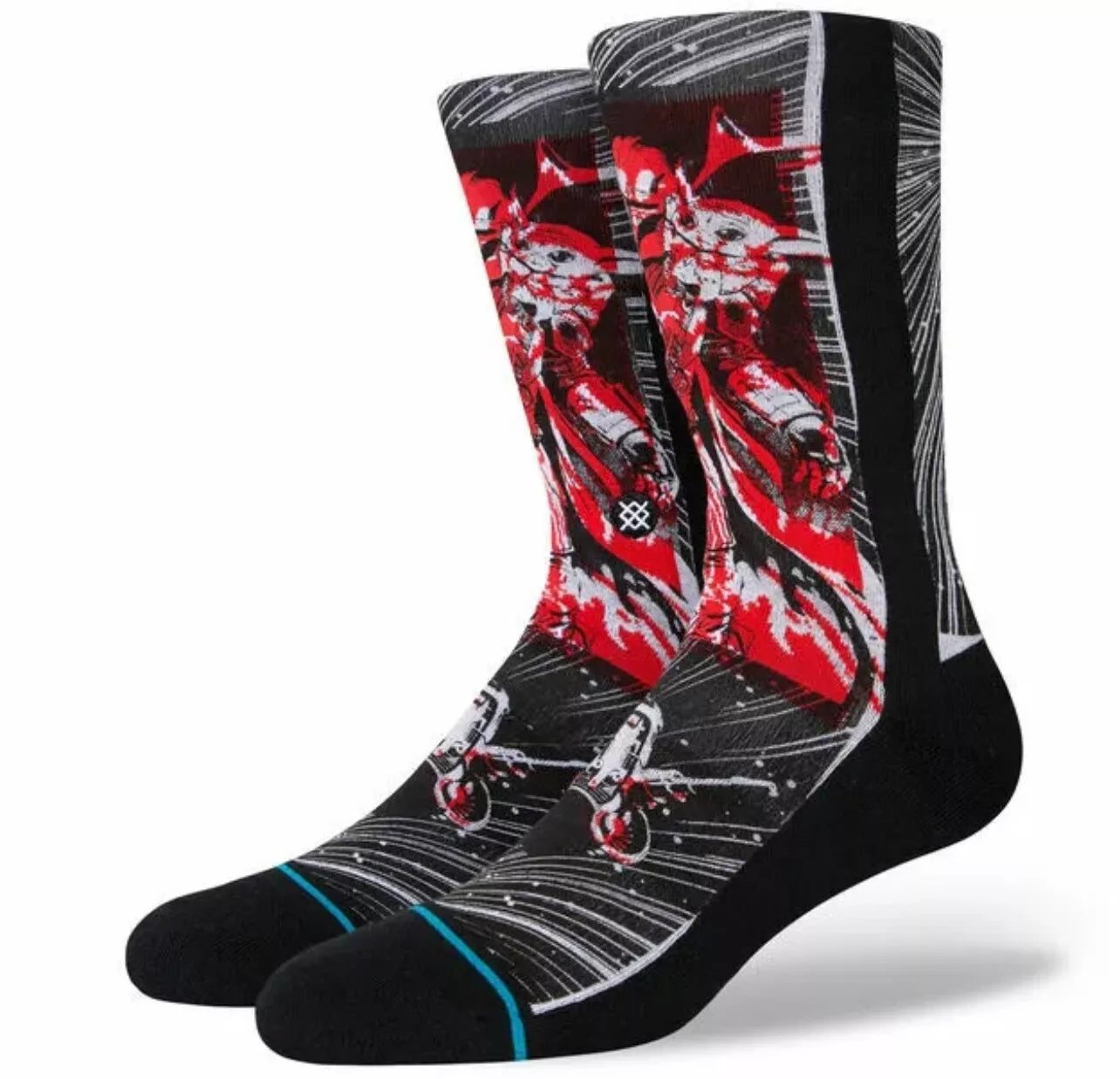 Manga Mando Crew C Sock - A pair of crew-length socks featuring a design inspired by the character Mando from the Star Wars franchise, with red and white accents on a black background.