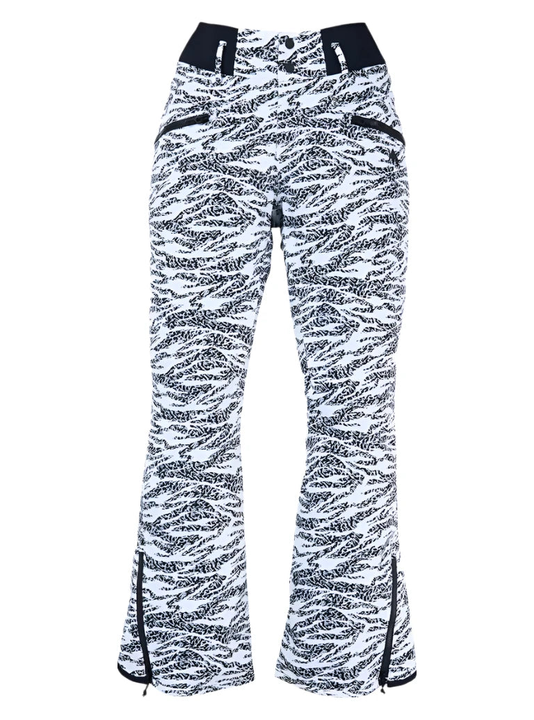 Burton Women's Marcy 2L High Rise Stretch Pants 2025 - Black snow pants with a white abstract pattern and black accents on the belt loops, pockets, and zipper.