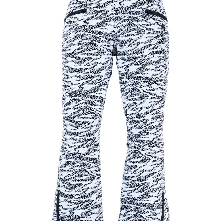 Burton Women's Marcy 2L High Rise Stretch Pants 2025 - Black snow pants with a white abstract pattern and black accents on the belt loops, pockets, and zipper.