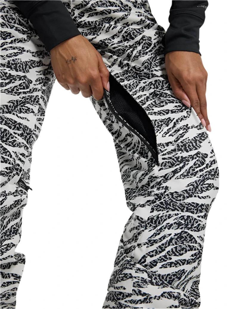 Burton Women's Marcy 2L High Rise Stretch Pants 2025 - Black snow pants with a black and white abstract pattern of lines and shapes, featuring a high rise waistband and stretchy material.