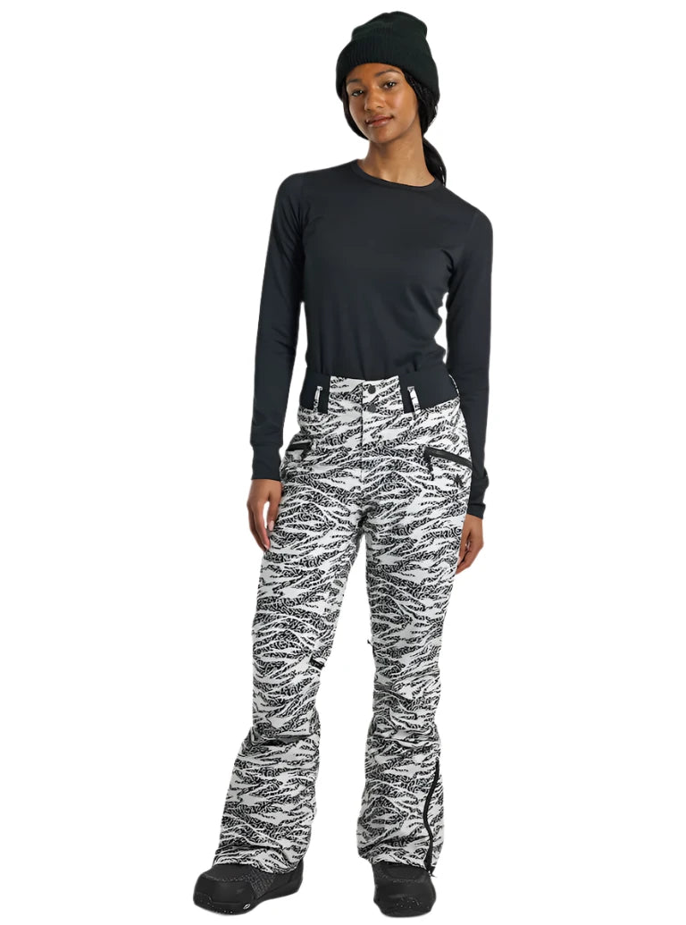 Burton Women's Marcy 2L High Rise Stretch Pants 2025 - Black snow pants with a subtle white pattern of diagonal stripes and abstract shapes.