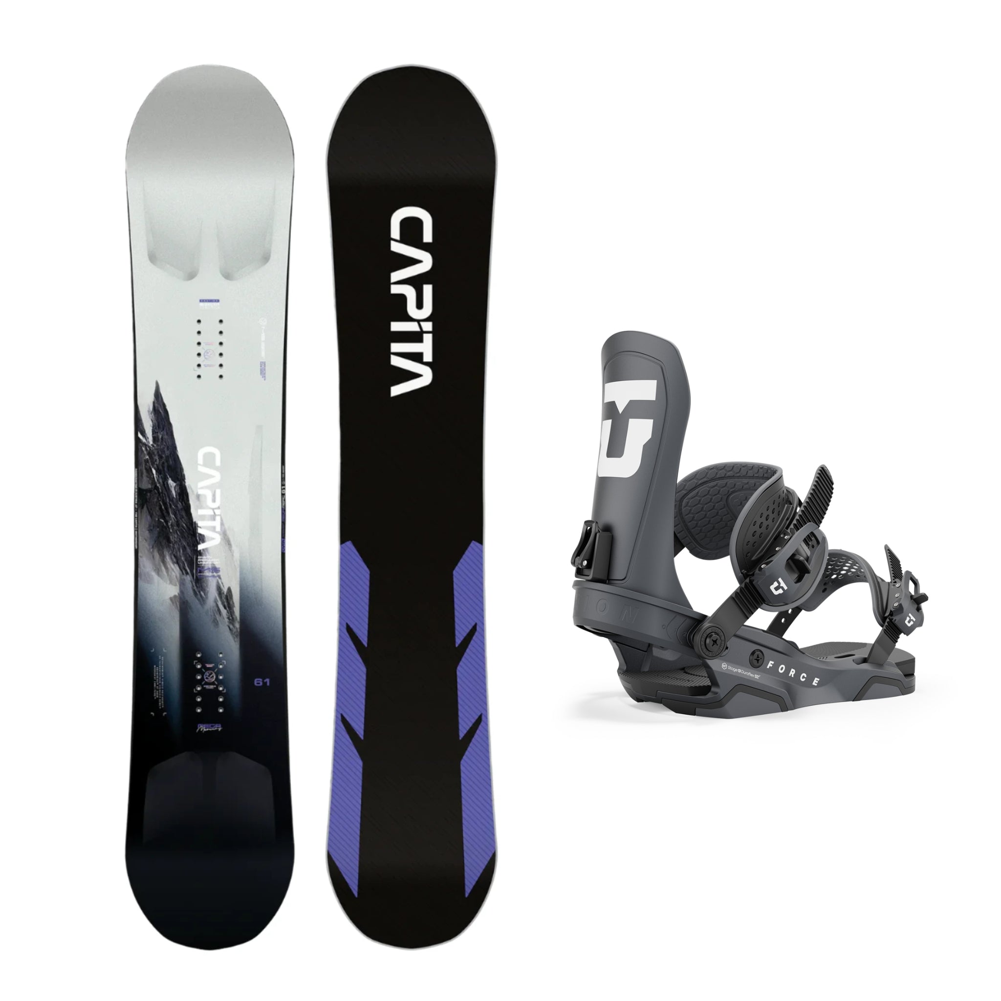 CAPiTA Mega Mercury Snowboard - A snowboard with a black base and purple accents, featuring a mountain graphic on its underside.
