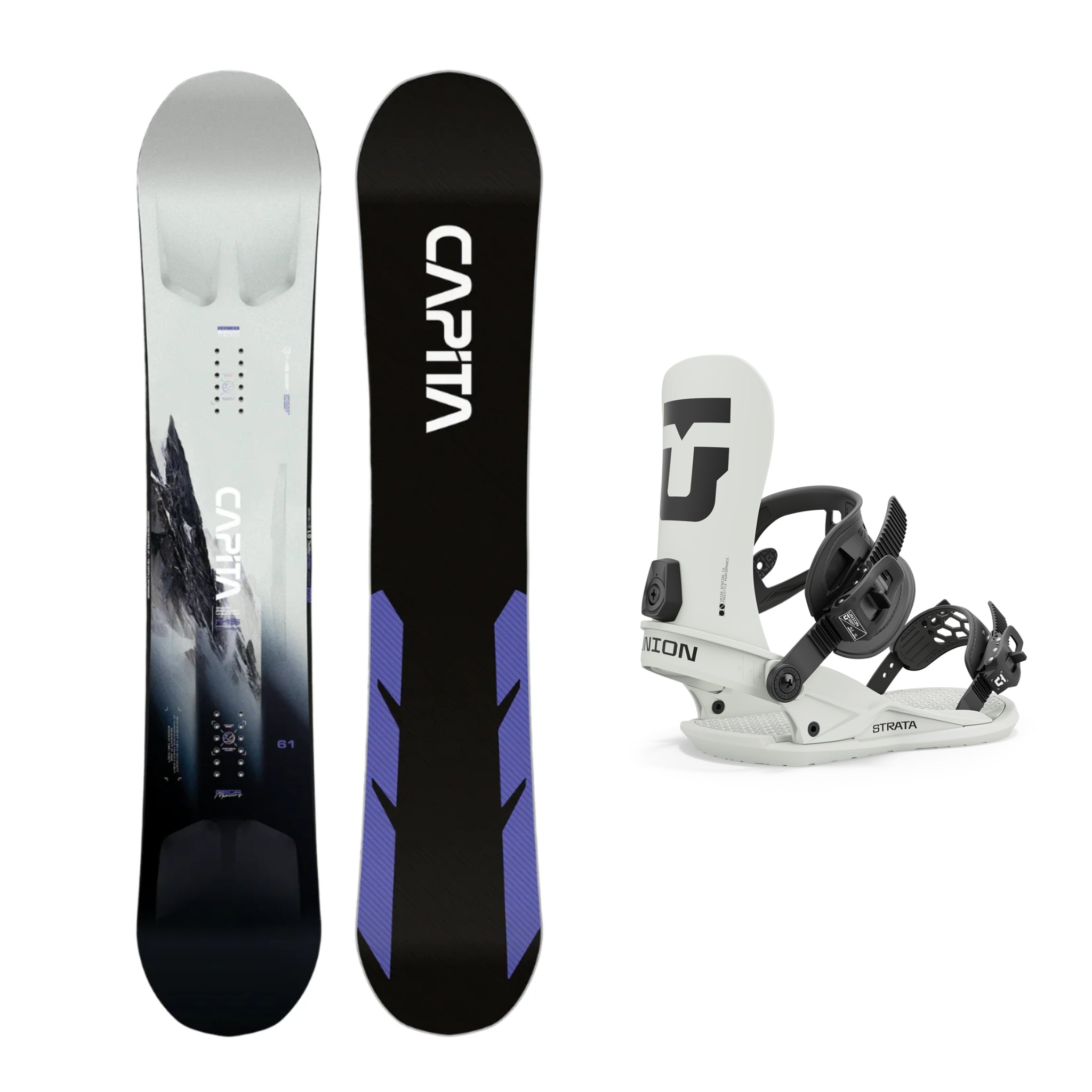 CAPiTA Mega Mercury Snowboard - A snowboard with a black base and purple accents, featuring a mountain graphic on its underside.