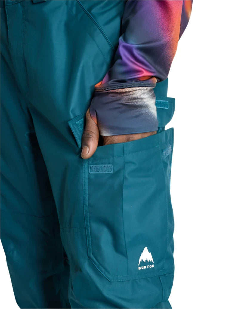 Burton Cargo 2L Shell Pants 2025 - A pair of dark green snow pants with a cargo pocket on the thigh and a white logo near the bottom hem.