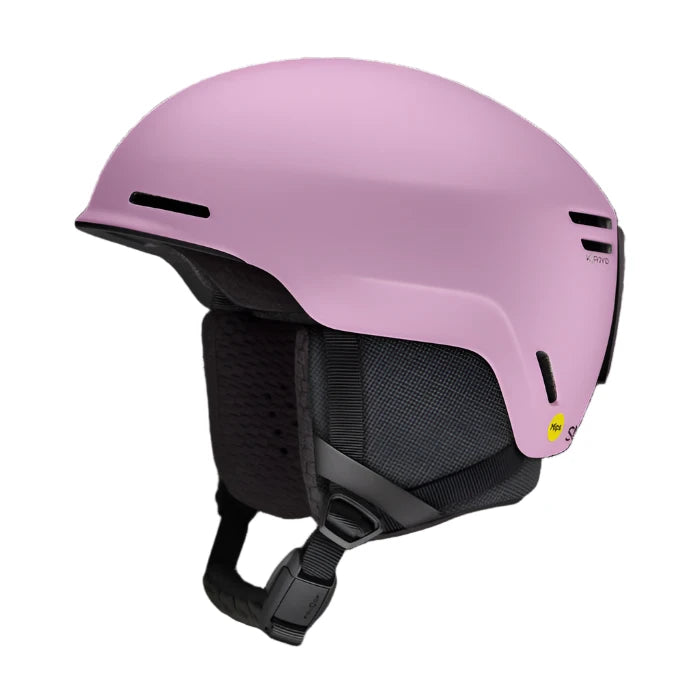 Smith Method Pro MIPS Helmet 2025 - A pink helmet with a black chin strap and ventilation holes on top.