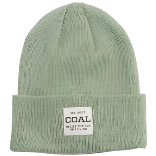 UNIFORM MID KNIT BEANIE 2024 - A sage green beanie with a ribbed texture and a small white label on the front.