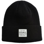 UNIFORM MID KNIT BEANIE 2024 - A black beanie with a white label featuring the word "COAL" in large letters and smaller text below that reads "NECESSITIES FOR FINE LIVING".